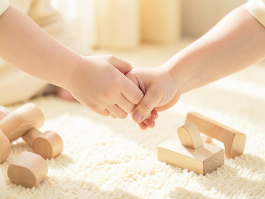 Mãos de adulto e criança com brinquedos de madeira, representando orientação parental